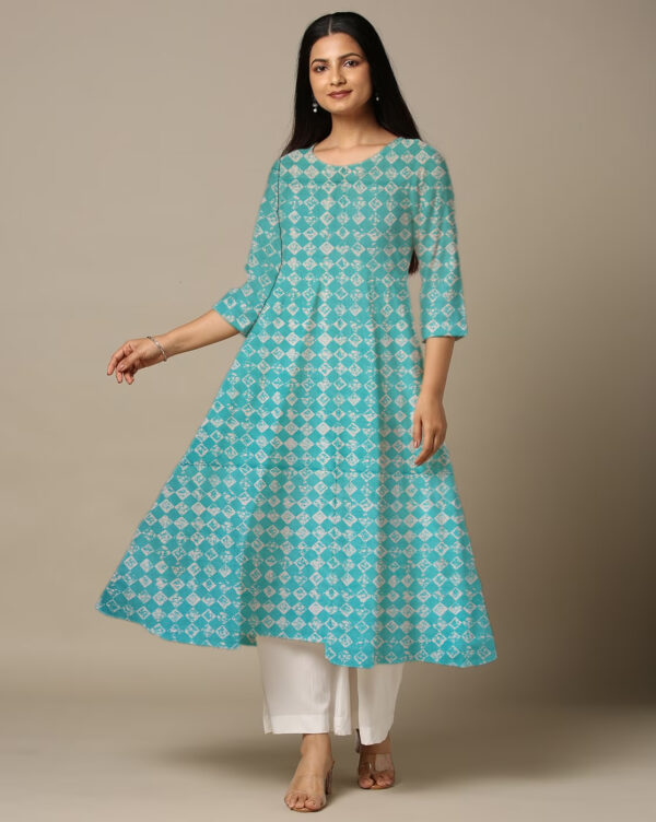 Square Print Blue Cotton Anarkali Kurti For Womens