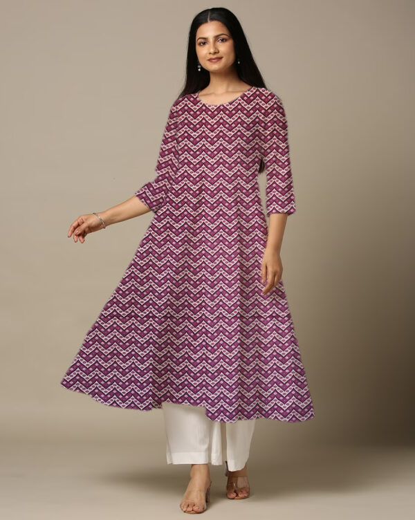 Zig Zag Geometric Print Purple Cotton Anarkali Kurti For Womens