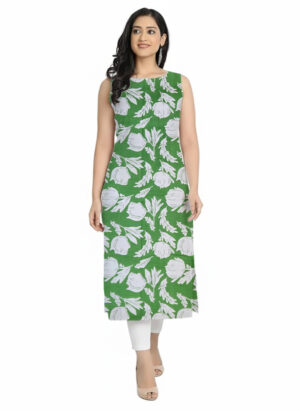 Olive Green Bold Floral Bloom Print Cotton Straight Cut Sleeveless Kurti