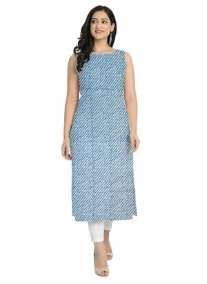 Blue Lehariya Print Straight Cut Fit Daily Wear Cotton Sleeveless Kurti For Womens