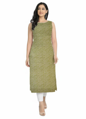 Green Lehariya Print Straight Cut Fit Daily Wear Cotton Sleeveless Kurti For Womens