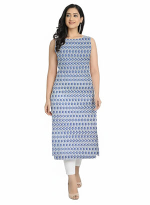 Indigo Chevron Arrow Geometric Print Cotton Straight Cut Sleeveless Kurti For Womens
