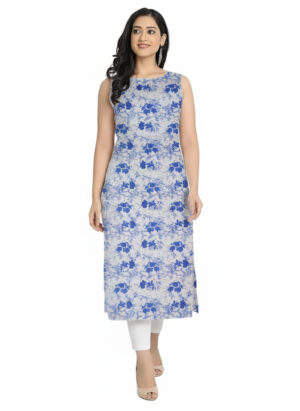 Cobalt Blue Floral Vine Straight Cut Cotton Sleeveless Kurti For Womens