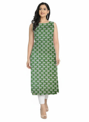 Olive Green Chevron Arrow Geometric Print Cotton Straight Cut Sleeveless Kurti For Womens