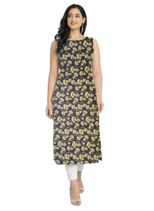 Navy Blue Floral Garden Print Straight Cut Cotton Sleeveless Kurti For Womens