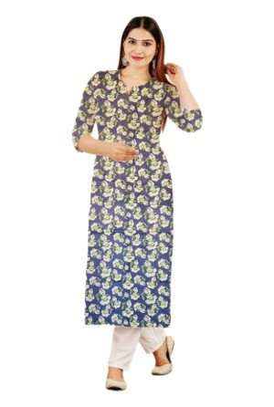 Navy Blue Floral Garden Print Straight Cut Cotton Kurti For Womens