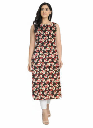 Ebony Black & Crimson Floral Print Straight Cut Cotton Sleeveless Kurti For Womens