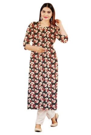 Ebony Black & Crimson Floral Print Straight Cut Cotton Kurti For Womens