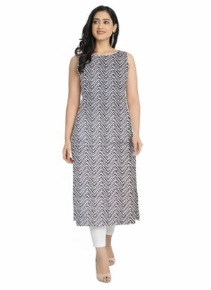 Black & White Zig-Zag Wave Print Straight Cut Cotton Sleeveless Kurti For Womens