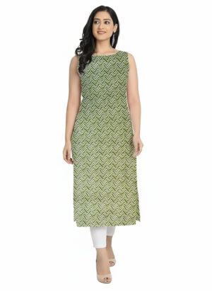 Green & White Zig-Zag Wave Print Straight Cut Cotton Sleeveless Kurti For Womens