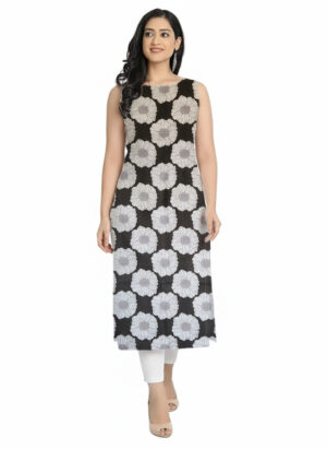 Charcoal Black Bold Sunflower Print Straight Cut Sleeveless Kurti For Womens