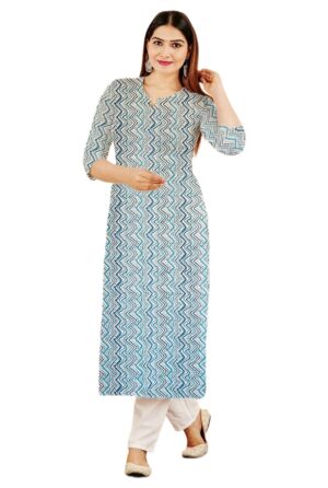 Blue & White Zig-Zag Wave Print Straight Cut Cotton Kurti For Womens