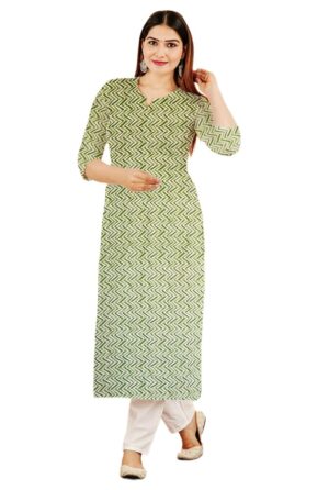 Green & White Zig-Zag Wave Print Straight Cut Cotton Kurti For Womens