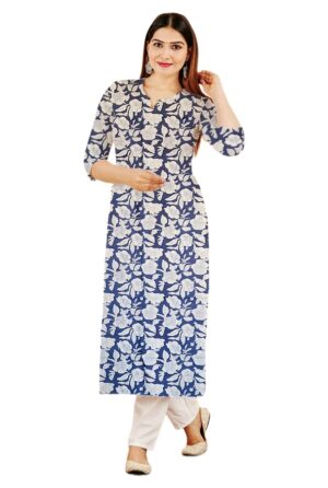Indigo & White Floral Foliage Print Straight Cut Cotton Kurti For Womens