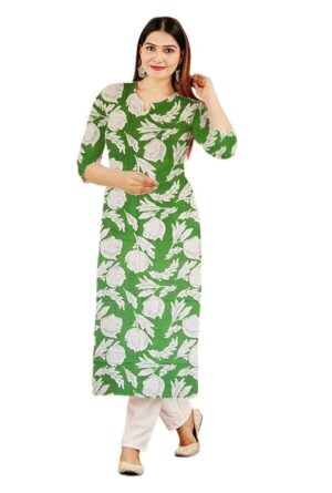 Olive Green Bold Floral Bloom Print Cotton Straight Cut Kurti
