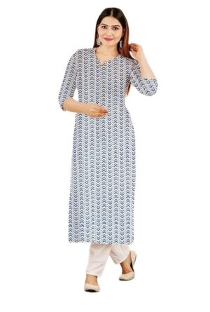 Indigo Chevron Arrow Geometric Print Cotton Straight Cut Kurti For Womens