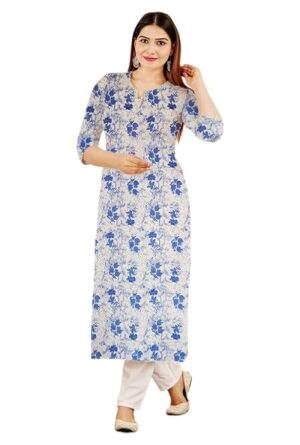 Cobalt Blue Floral Vine Straight Cut Cotton Kurti For Womens