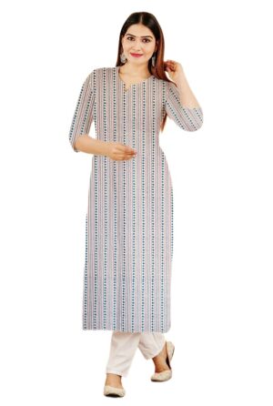 Off-White & Indigo Vertical Geometric Print Stripe Straight Cut Cotton Kurti For Womens