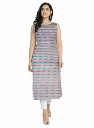 Off-White & Indigo Vertical Geometric Print Stripe Straight Cut Cotton Sleeveless Kurti For Womens