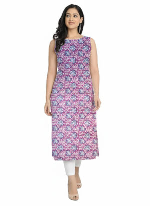 Magenta & White Kalamkari Inspired Floral Print Cotton Straight Cut Sleeveless Kurti For Womens