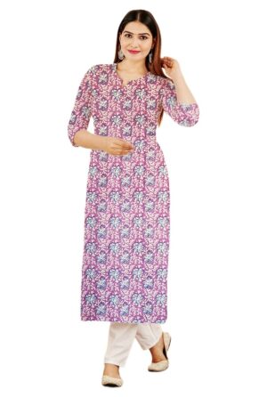 Magenta & White Kalamkari Inspired Floral Print Cotton Straight Cut Kurti For Womens