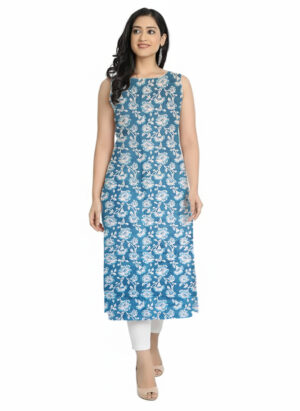 Teal Blue Floral Vine Print Straight Cut Cotton Sleeveless Kurti For Womens