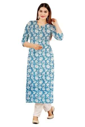 Teal Blue Floral Vine Print Straight Cut Cotton Kurti For Womens