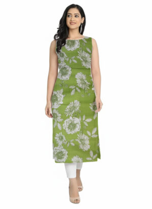 Olive Green Large Floral Print Straight Cut Cotton Sleeveless Kurti For Womens