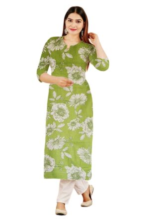 Olive Green Large Floral Print Straight Cut Cotton Kurti For Womens