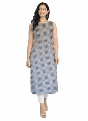 Navy Blue Micro-Print Round Neck Cotton Straight Cut Sleeveless Kurti for Womens