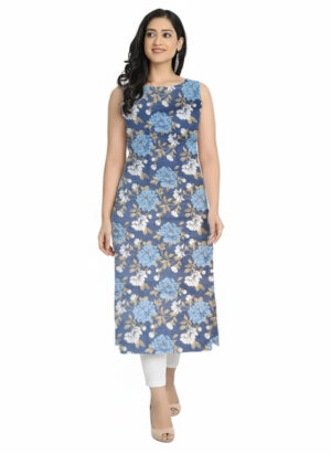 Steel Blue Floral Printed Round Neck Cotton Straight Cut Sleeveless Kurti for Womens