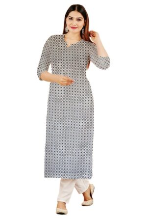 Navy Blue Micro-Print Round Neck Cotton Straight Cut Kurti for Womens
