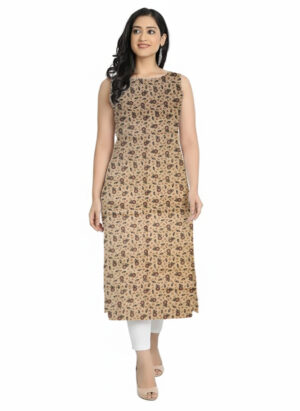 Brown & Black Micro-Floral Print Straight Cut Cotton Sleeveless Kurti For Womens