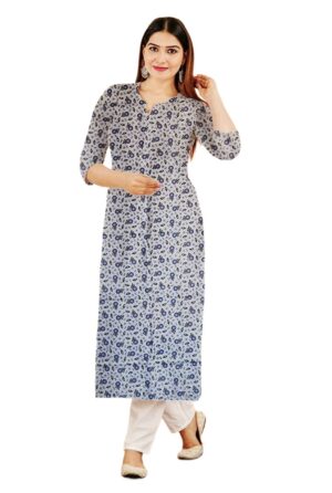 Royal Blue & Black Micro-Floral Print Straight Cut Cotton Kurti For Womens