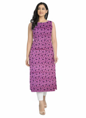 Purple & Black Micro-Floral Print Straight Cut Cotton Sleeveless Kurti For Womens