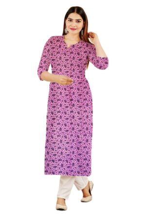 Purple & Black Micro-Floral Print Straight Cut Cotton Kurti For Womens