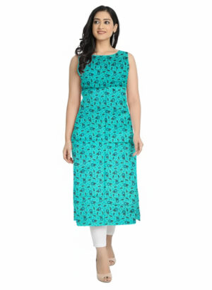 Sea Green & Black Micro-Floral Print Straight Cut Cotton Sleeveless Kurti For Womens