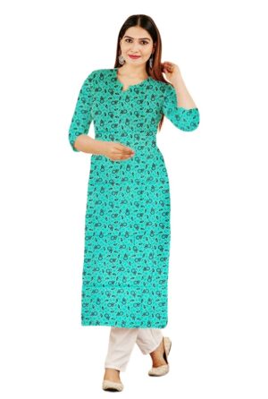 Sea Green & Black Micro-Floral Print Straight Cut Cotton Kurti For Womens