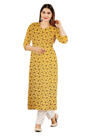 Yellow & Black Micro-Floral Print Straight Cut Cotton Kurti For Womens