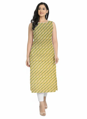 Mustard Green Lehariya Print Straight Cut Cotton Sleeveless Kurti For Womens