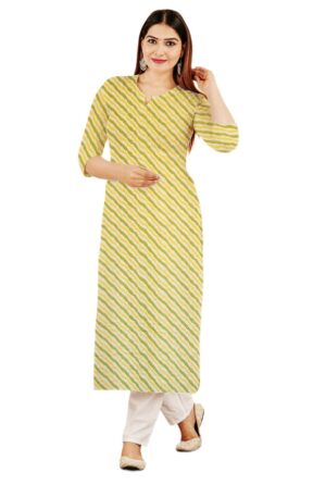 Mustard Green Lehariya Print Straight Cut Cotton Kurti For Womens