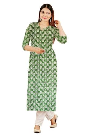 Olive Green Chevron Arrow Geometric Print Cotton Straight Cut Kurti For Womens