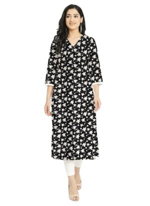 Leaf motif pattern Black  Cotton V- Neck Straight Fit Kurti For Womens