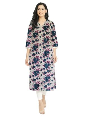 Blue Floral Jaal Print Cotton V Neck Kurti For Womens