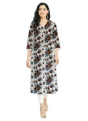 Brown Floral Jaal Print Cotton V Neck Kurti For Womens