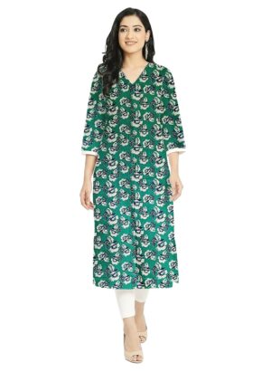 Women Floral Print Pure Cotton Green Straight Kurti with V-Neck & 3/4 Sleeves