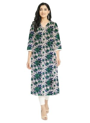 Green Floral Jaal Print Cotton V Neck Kurti For Womens