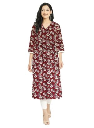 Women Floral Print Pure Maroon Cotton Straight Kurti with V-Neck & 3/4 Sleeves
