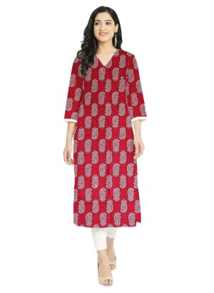 Maroon Paisley Print Straight Pure Cotton V-Neck Kurti For Womens