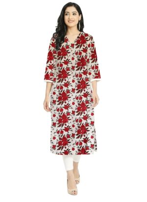 Red Floral Jaal Print Cotton V Neck Kurti For Womens